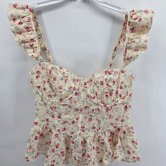 Astr Tops - ASTR the Label Cream Floral Crop Top – Size M – Ruffle Strap Eyelet Corset Cami